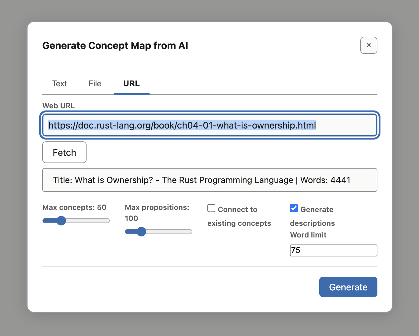The Generate Concept Map from AI modal with the URL tab active. The Web URL field contains a Rust documentation page, and Concepticon has fetched it and shows the page title and word count.