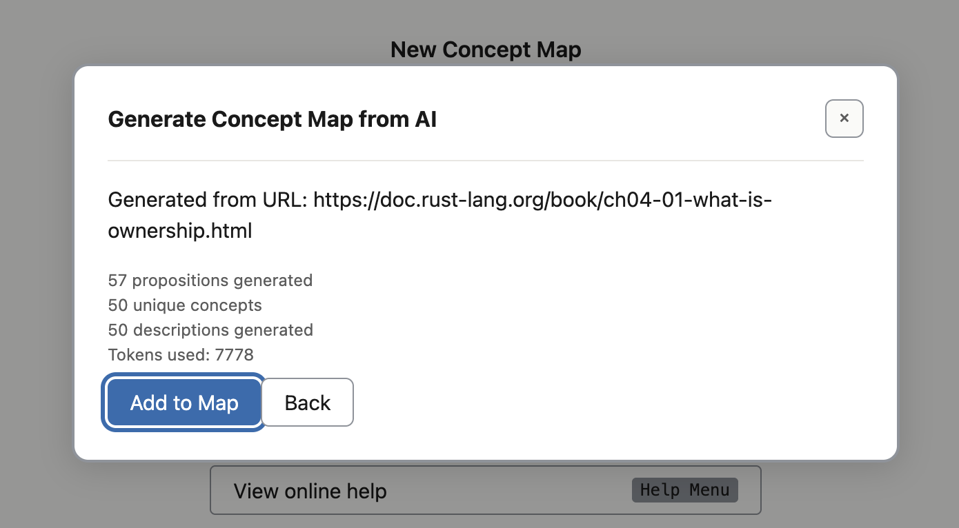 The generation result panel showing 57 propositions generated, 50 unique concepts, 50 descriptions generated, 7778 tokens used. The Add to Map button is highlighted as the primary action.