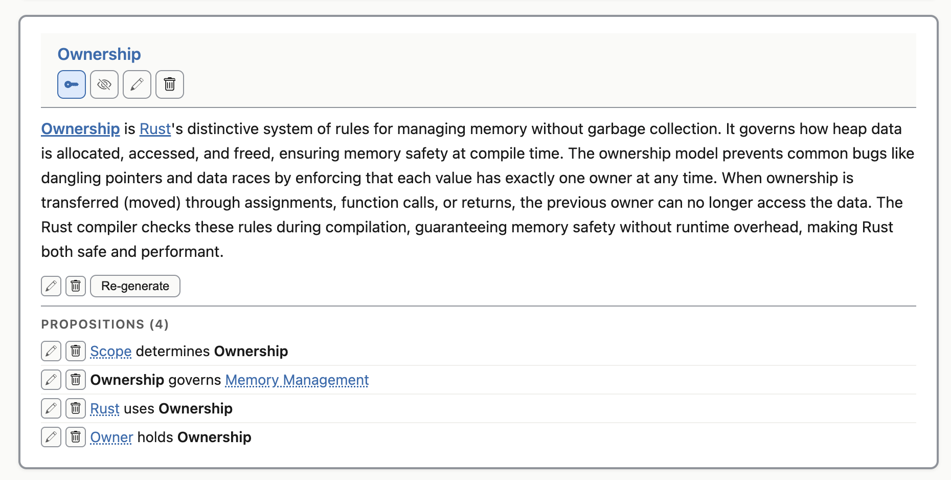 A concept card for 'Ownership' showing a rendered Markdown description that explains Rust's ownership system, with linked concepts and a list of four propositions that mention Ownership.