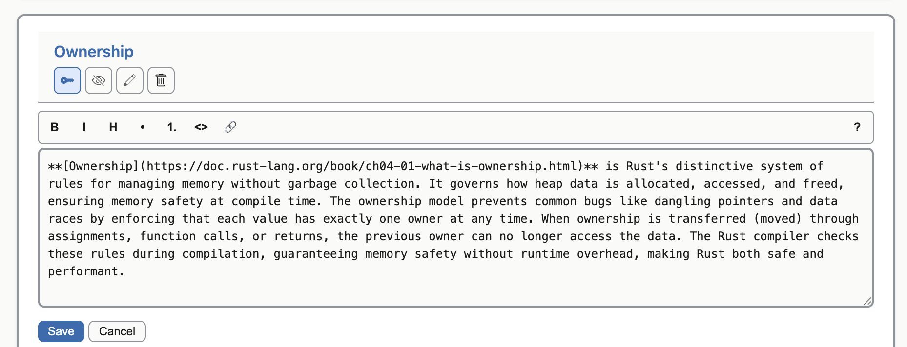 The in-app description editor open for the Ownership concept, with a Markdown formatting toolbar and a text area showing the raw Markdown source of the description.